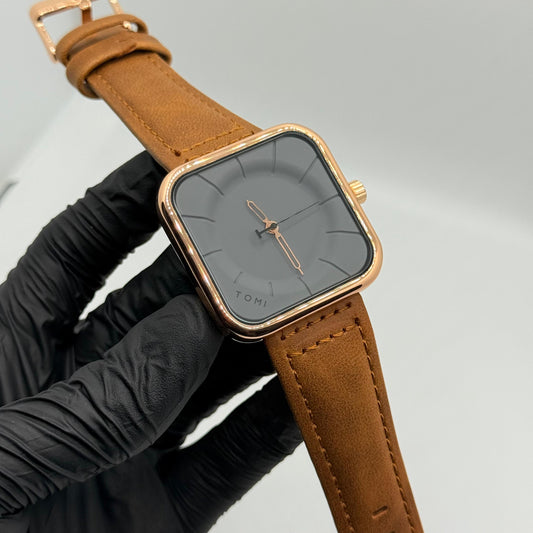TOMI bronze colour strap with square dial watch - watch forge
