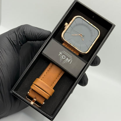 TOMI bronze colour strap with square dial watch - watch forge