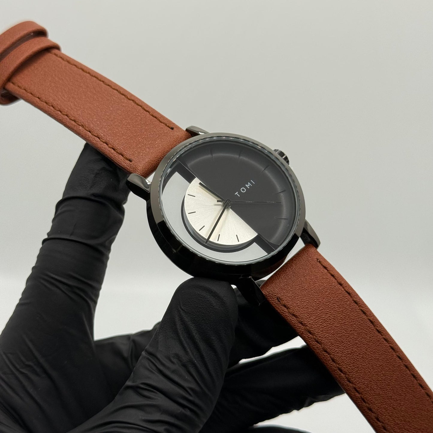 TOMI transparent dial with black leather strap - watch forge