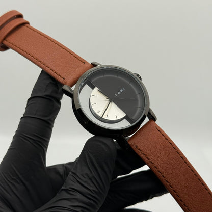 TOMI transparent dial with black leather strap - watch forge