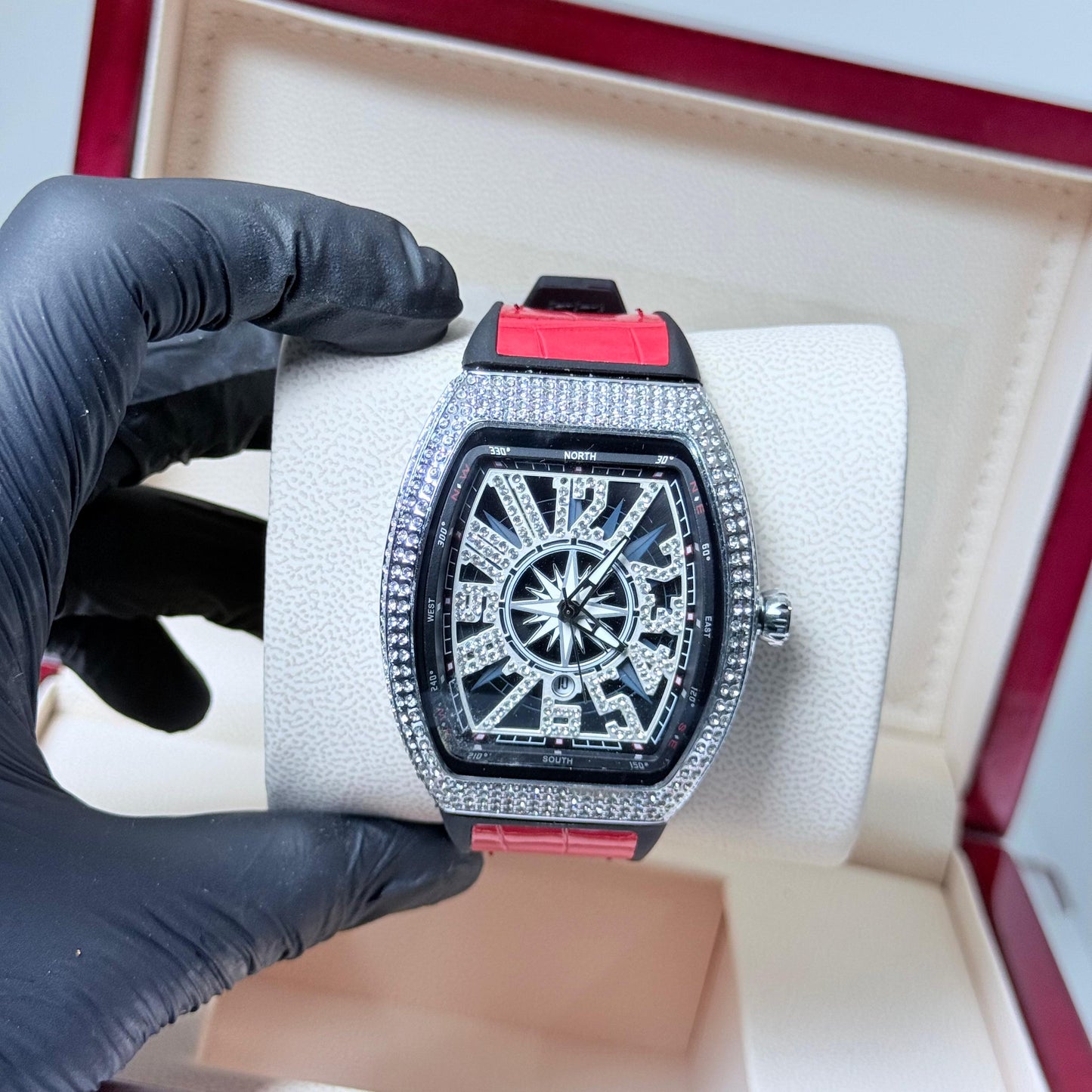 FM Red strap with white diamond watch - watch forge