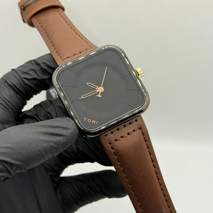 TOMI brown colour strap with square dial watch - watch forge