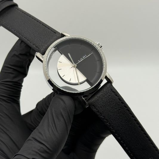 TOMI transparent dial with black leather strap - watch forge