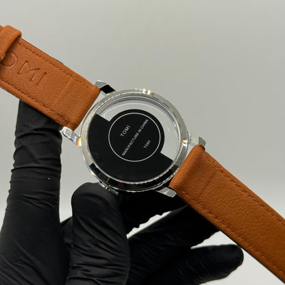 TOMI transparent dial with bronze leather strap - watch forge